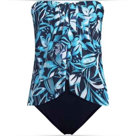 Land’s End | NWT One Piece Fauxini Tropical Mesh Bandeau Swimsuit, size 14 - Picture 2 of 11
